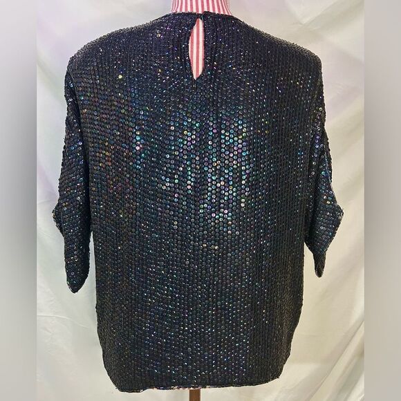 Vintage Black Beaded Blouse 100% Silk Sequin Rainbow Sparkly Retro 80s Sz Medium - Picture 8 of 12